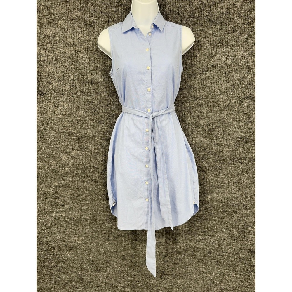 Banana Republic Shirt Dress Womens 0 Blue Sleeveless Collared Belted Cotton‎